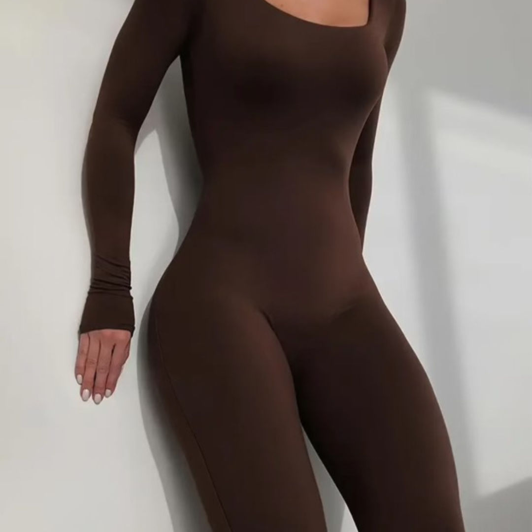 Solid Color Jumpsuit, Long Sleeve Square Neck Jumpsuit For Spring & Fall, Women's Clothing