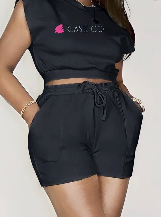 2 Piece Sexy Black Women's Outfits Bodycon Shorts Sets  